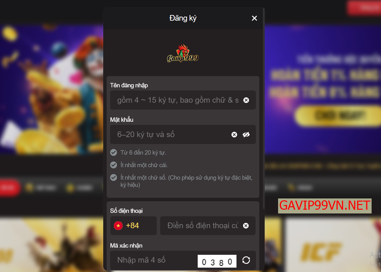 Điền thông tin cá nhân tại Gavip999