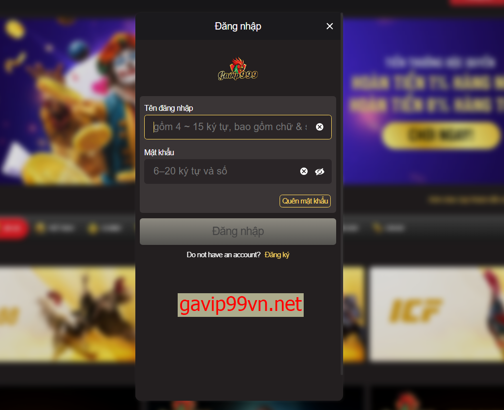 Nhập thông tin tài khoản Gavip999