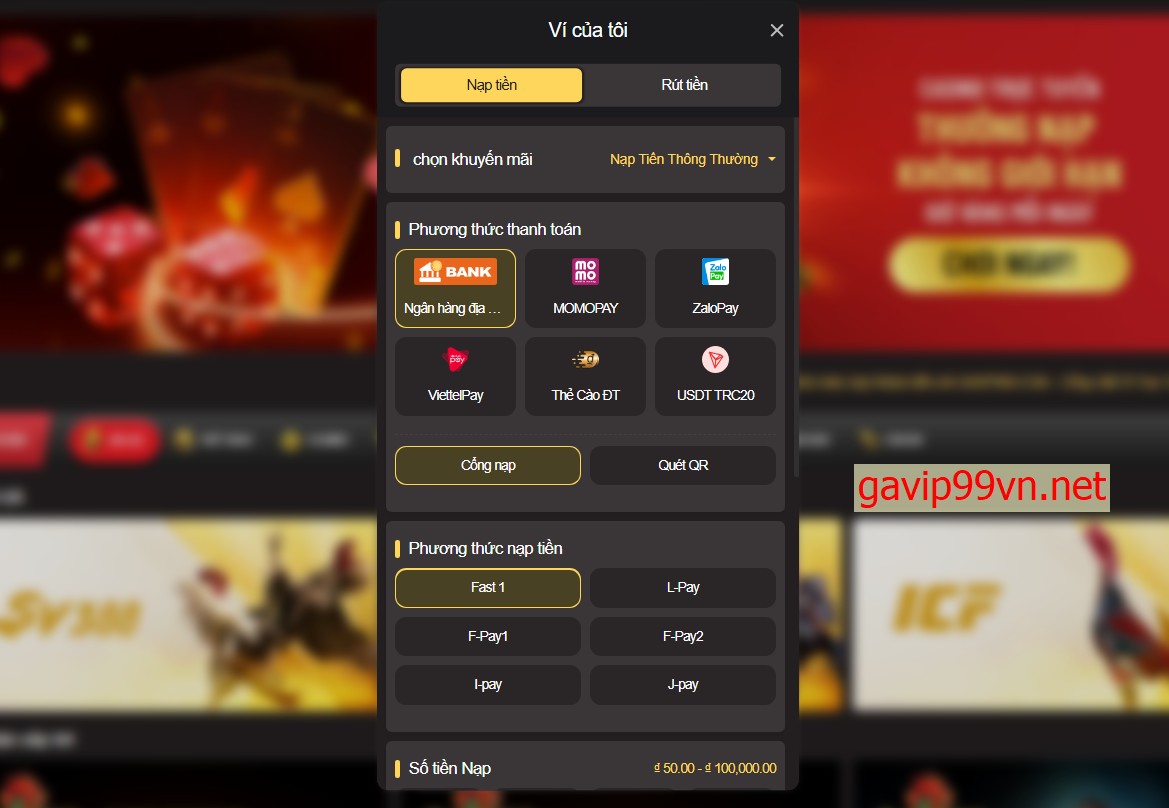 Giao diện nạp tiền Gavip999